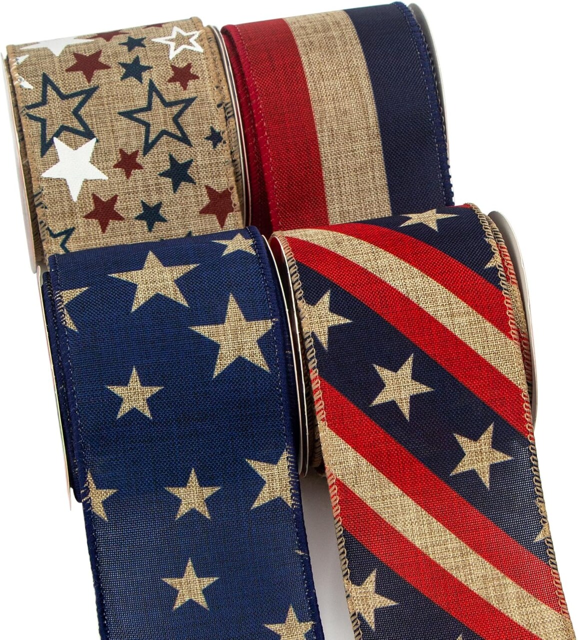 Rustic Patriotic Ribbon Wired,4 Rolls Stars and Stripes Burlap Ribbon, Patriotic Ribbon for Crafts,Wreaths,4th of July Big Bow,Party Decoration
